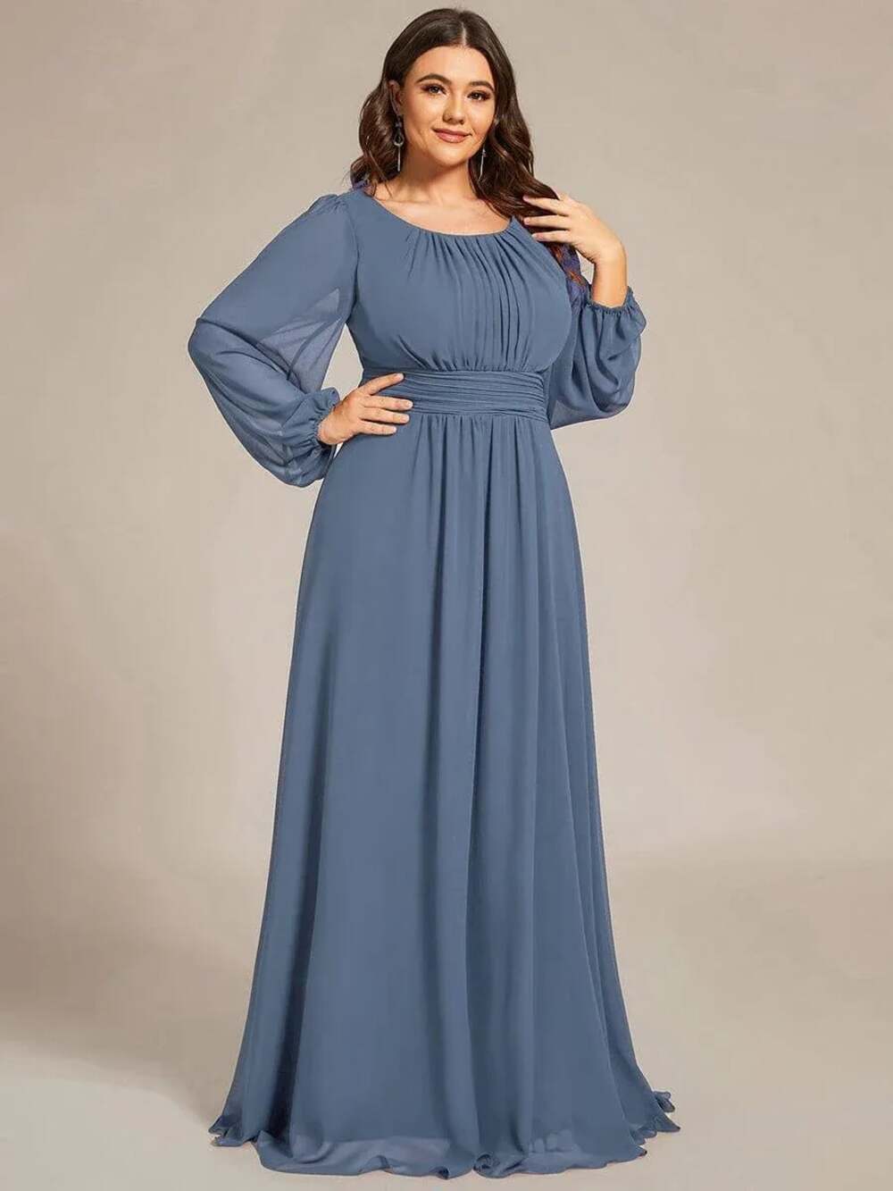 Plus Size 22 Long Sleeve Empire Waist Pleated Chiffon Formal Dress Gown - Picture 8 of 9